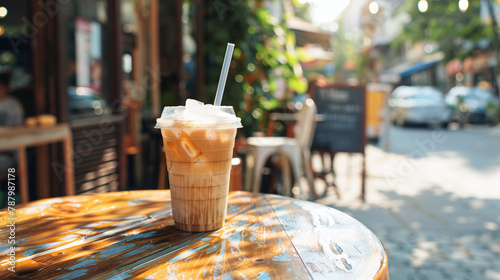 A glass of cold coffee stands on a table in a cafe against the background of the street