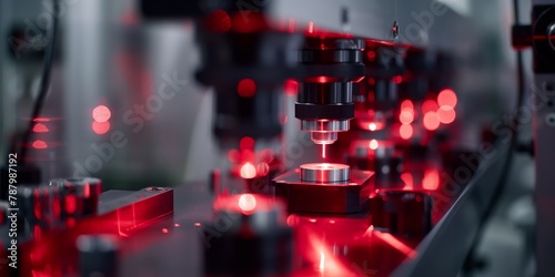 A close-up view of industrial machinery in action with vibrant red background, emphasizing precision and technology