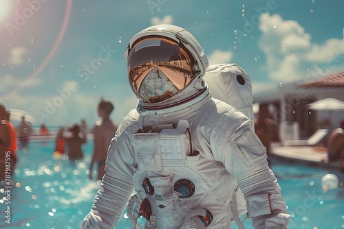 AI generated image, concept photo of an Astronaut enjoying pool party, summer party, celebration, fun mood photo