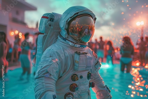 AI generated image, concept photo of an Astronaut enjoying pool party, summer party, celebration, fun mood