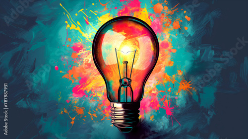 Concept of creative idea. Illustration of glowing light bulb on abstract colorful background