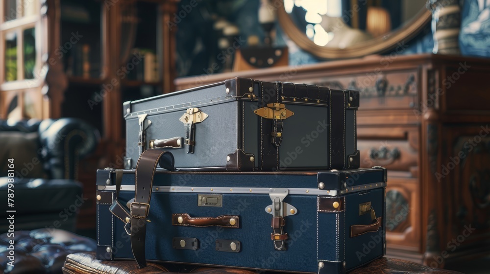Navy blue and gray suitcases side by side, their contents ready for an adventure, room background Navy blue and gray suitcases side by side, their contents ready for an adventure, room background