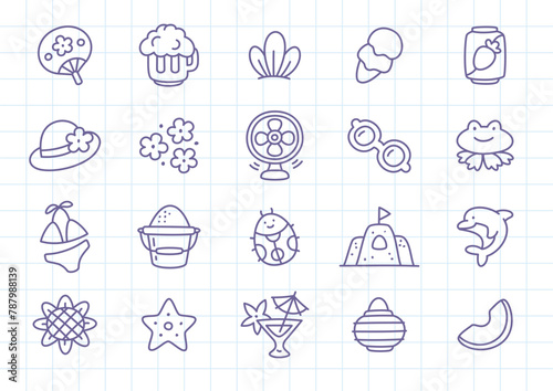 Kawaii summer vacation icon set. Collection of cute hand drawn stickers (fan, ice cream, sun glasses, swimsuit, cocktail etc.) on a checkered background. Vector 10 EPS.