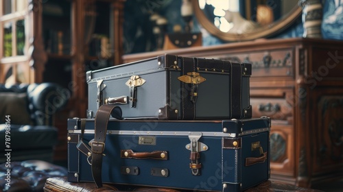 Navy blue and gray suitcases side by side, their contents ready for an adventure, room background
