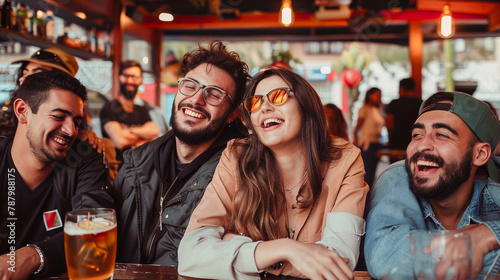 grupo de cuatro amigos divirtiéndose en un bar celebrando su amistad. Jóvenes hombre y mujeres sonriendo en un pub sentados en una mesa.