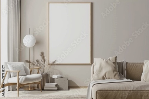 Beige Scandinavian Interior with Poster Mockup created with Generative AI © dendyh7
