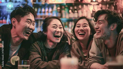 grupo de amigos asiaticos sonriendo mirado a camara al exterior en un bar --ar 16:9 Job ID: 23d12e09-54da-440c-8908-227c55249aed