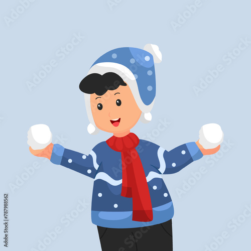 Kid with Snowball Character Design Illustration