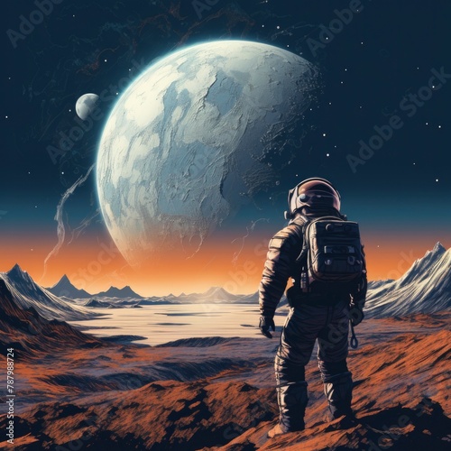 Astronaut Gazing at Distant Planets from Alien Landscape