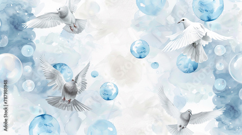Soft grey and blue bubbles with serene doves in a tranquil, clear-sky pattern.