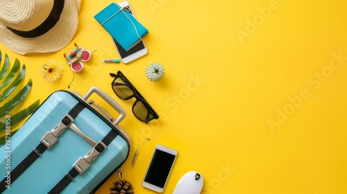 Small suitcase and travel essentials displayed on a simple, yet vibrant yellow background