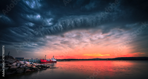 Stormy sunset over port of Klaipeda, Lithuania photo