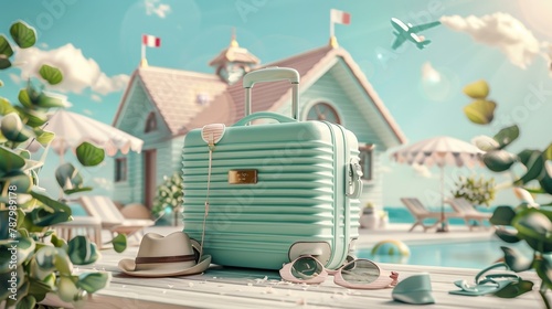 Summer travel concept with a stylish large suitcase and chic accessories by a sunny summer house photo