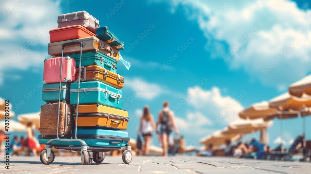 Tourists with a cart packed with big, colorful suitcases, ready to explore new destinations