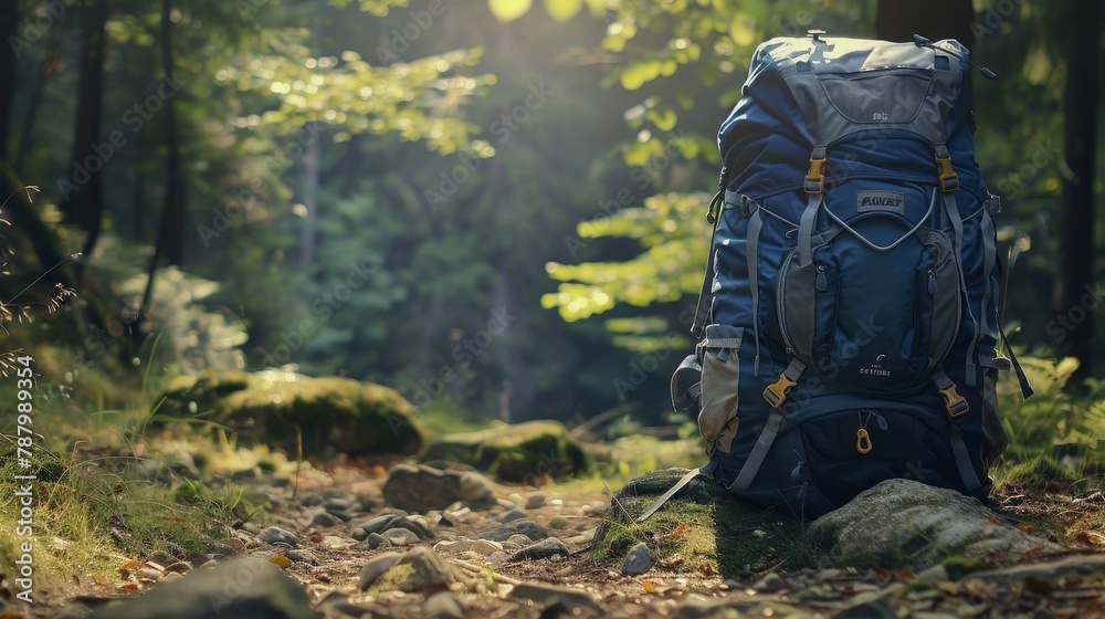 Travel backpack on forest floor, captured close-up, inviting a sense of wanderlust and exploration - obrazy, fototapety, plakaty 