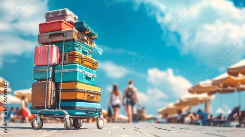Tourists with a cart packed with big, colorful suitcases, ready to explore new destinations photo