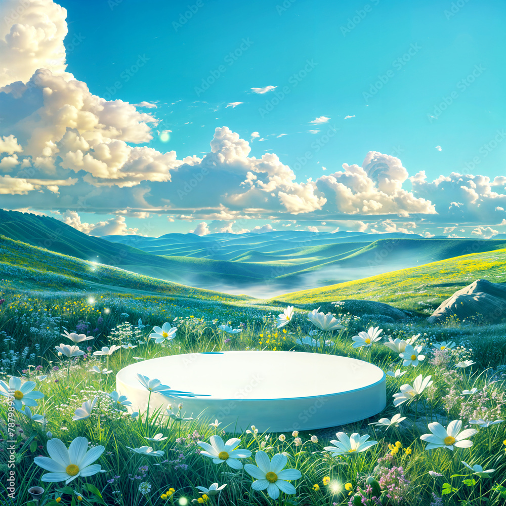 A simple circular stage is placed on a grassland with flowers. Blue sky background.