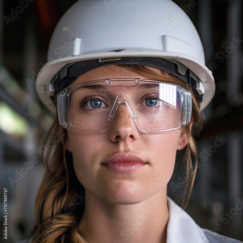 female with white hard hat and safety glasses photo realistic, Sony a7R IV camera, Meike 12mm F1.8 lens Job ID: b960bc6d-3578-4a3d-b24a-0e93b233b6bf photo
