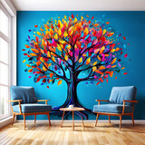Vibrant tree adorned with cascading foliage, an exquisite illustration backdrop. A 3D abstract masterpiece, ideal for interior mural décor. A floral spectacle with a myriad of hues, reminiscent of poi