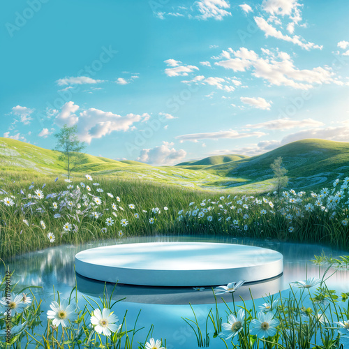 A simple circular stage is placed on a grassland with flowers. Blue sky background.