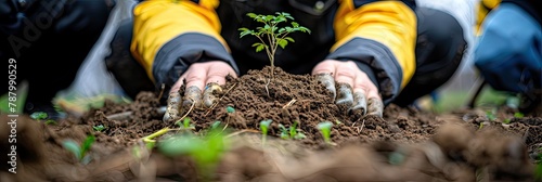 Farmer planting small plant in soil for agriculture