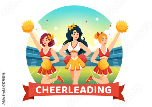 Cheerleader Girl Vector Illustration with Cheerleading Pom Poms of Dancing and Jumping to Support Team Sport During Competition on Flat Background