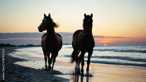 Horses Galloping along the Beach at Sunset