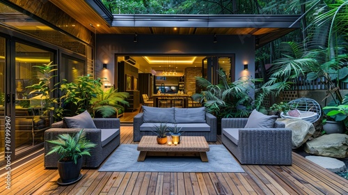 A large patio with a wooden deck and a black roof. The patio is filled with plants and furniture, including a couch, a coffee table, and a few potted plants. Scene is relaxed and inviting