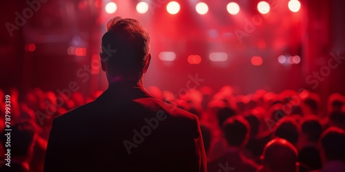 A vibrant image of a man's back facing a lively crowd at a concert with a prominent stage background