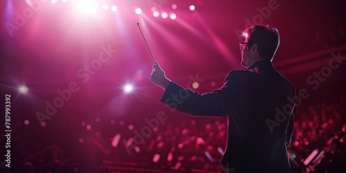 Image showcasing a conductor leading an orchestra during a performance with a dazzling stage background