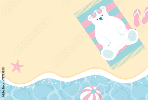summer vector background with a polar bear lying on the beach for banners, cards, flyers, social media wallpapers, etc. © mar_mite_