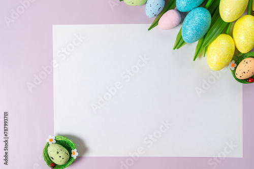 Creative easter flatlay with white paper blank #787993701