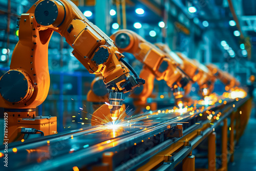 Robot arm on a production line, autonomous control system, cutting-edge technology, manufacturing process.