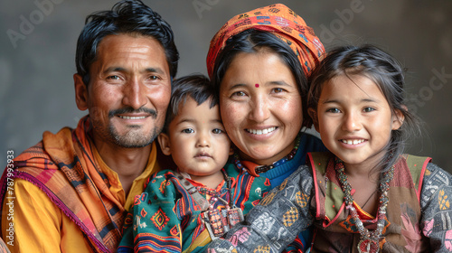 Retrato de familia de cuatro miembros en un pueblo de Nepal con ropa tradicional. Madre, padre e hijos posando con sonrisas y tradición. photo