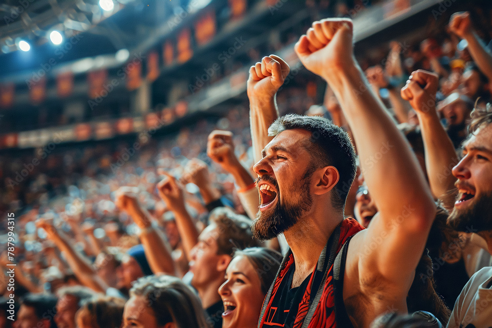 Sports fans at the stadium, showing their emotion as they watch the match, bleacher Sports fans at the stadium, showing their emotion as they watch the match, bleacher