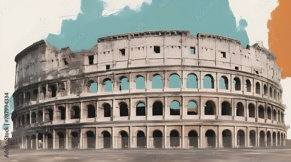 Coliseum, Rome Italy. double exposure contemporary style minimalist artwork collage illustration. generative.ai
