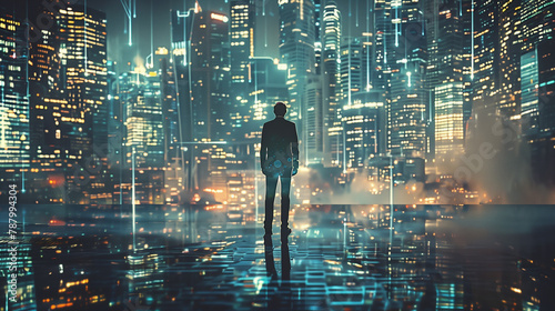 A man stands in the middle of a city at night. The city is lit up with bright lights, creating a futuristic and mysterious atmosphere. The man is looking up at the sky