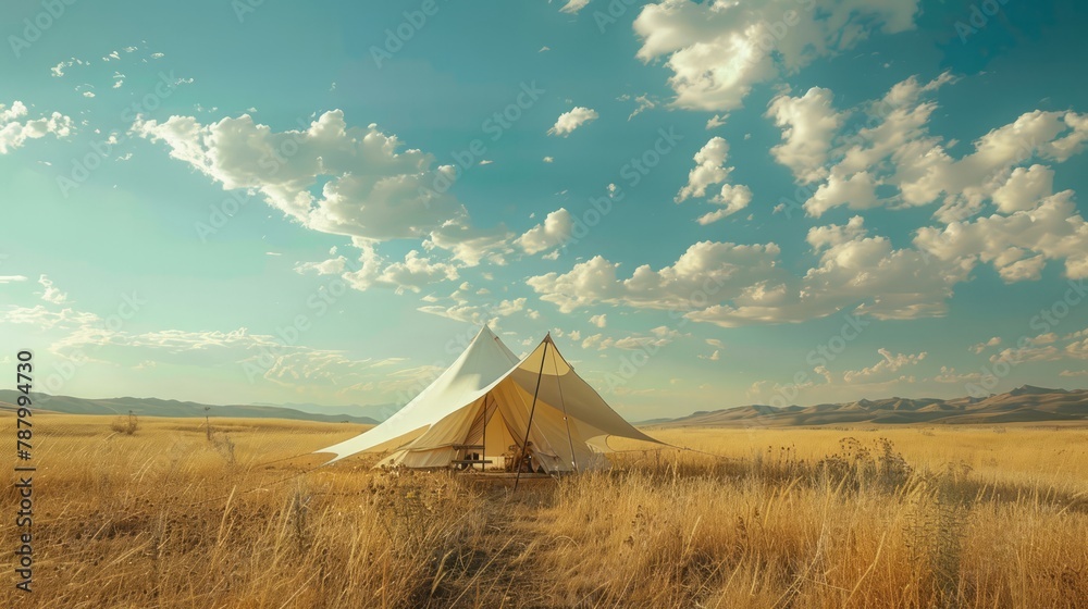 A large white tent is set up in a field with a clear blue sky. The sky is dotted with clouds, giving the scene a peaceful and serene atmosphere