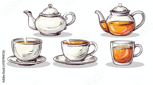 Set of Four cups and teapots with fresh hot tea. Hand