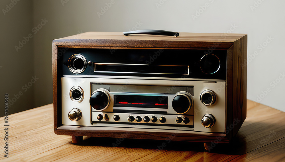 Vintage radio on a wooden table. Concept of World Radio Day, 7 May
