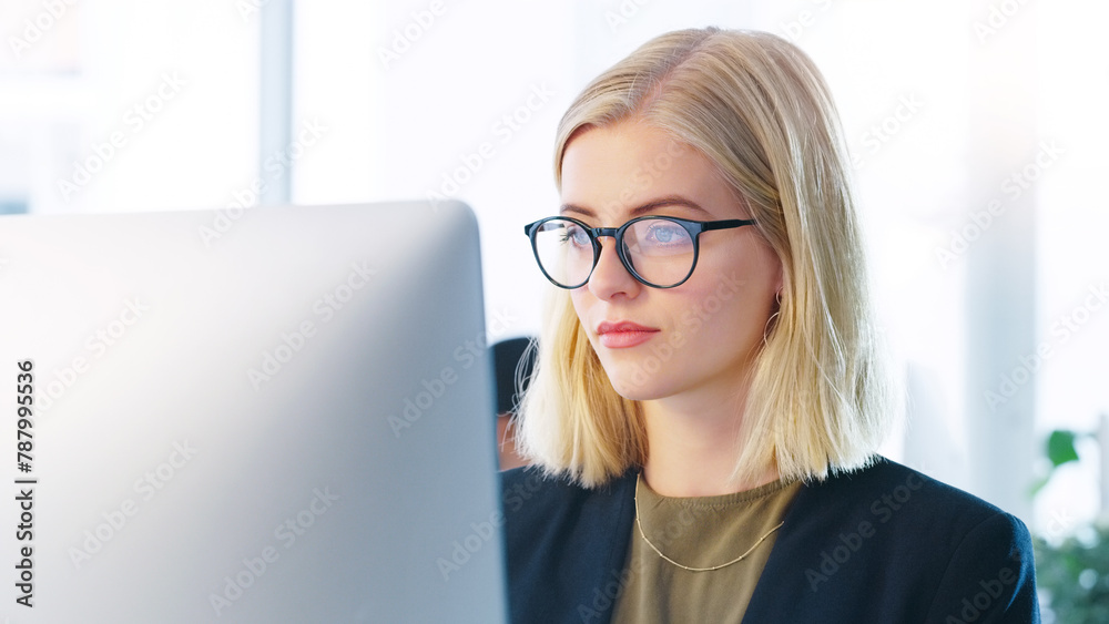 Office, glasses and computer for woman, search and vision for typing, job and receptionist in agency. Secretary, laptop and internet in workplace, email and schedule of company by person or employee