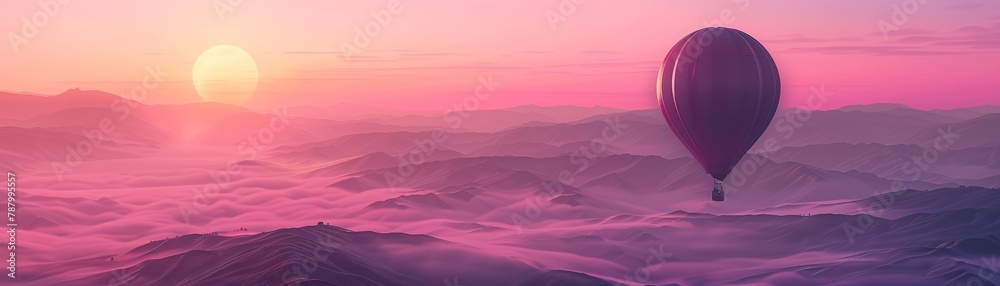 Hot air balloon floating over pink mountain landscape at sunset - obrazy, fototapety, plakaty 