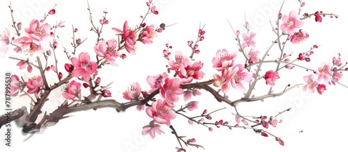 Branches with pink flowers in bloom during spring, lacking leaves, the blossoms of an Almond tree set apart against a white backdrop.