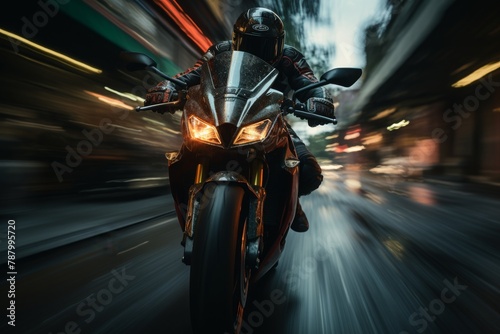 A black and red motorcycle is speeding down a wet city street at night. The street is blurred and the lights of the city are streaking by. The motorcyclist is wearing a black helmet and a red jacket.