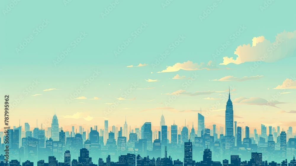 Fototapeta premium A beautiful cityscape with a blue sky and white clouds. The sun is rising over the city.