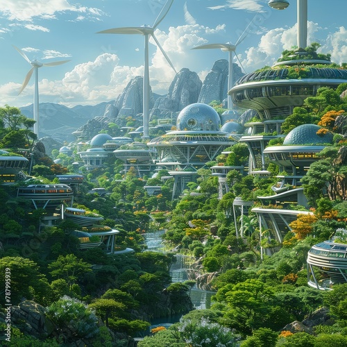 Futuristic Eco-Friendly City with Renewable Energy Wind Turbines. © Sippung
