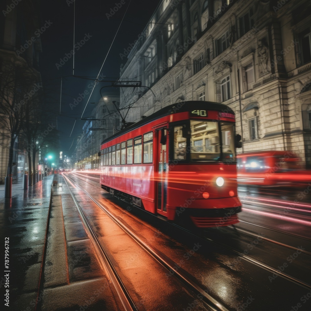 A red and white tram is passing through a city at night. The tram is illuminated by the lights of the city.