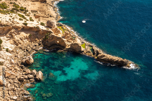 Aerial view of Atlantis cove, Sa Pedrera de Cala d' Hort, Ibiza, Balearic Islands, Spain photo