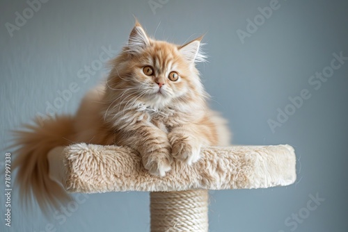Adorable Persian feline perched on tower