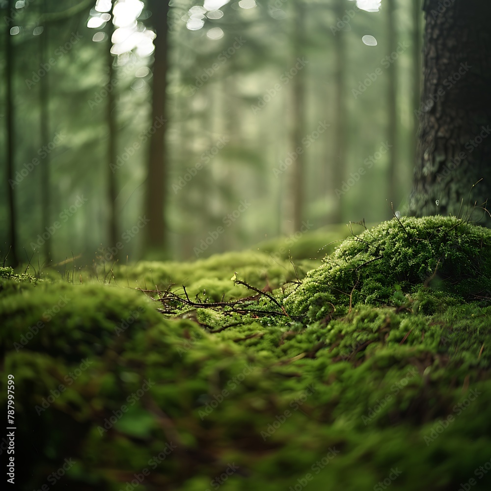 Mysterious green forest with moss and stones in the morning light Mysterious green forest with moss and stones in the morning light